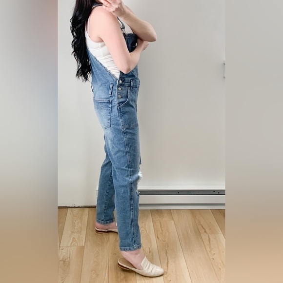 Celebrity Pink Blue Stretch Denim Overalls Distressed Large - Picture 5 of 10